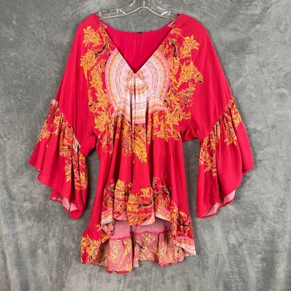 Free People Sunset Dreams Tunic Top Womens S/M Bell Sleeve Boho Flowy Ruffle